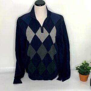 IZOD 100% COTTON MENS 1/4 ZIP BLUE COLOR ARGYLE FRONT PULLOVER SHIRT #17
